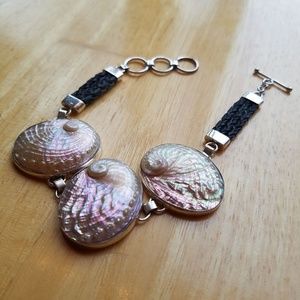 Stunning Statement Handmade Seashell Leather & 925 Silver Bracelet Adjustable